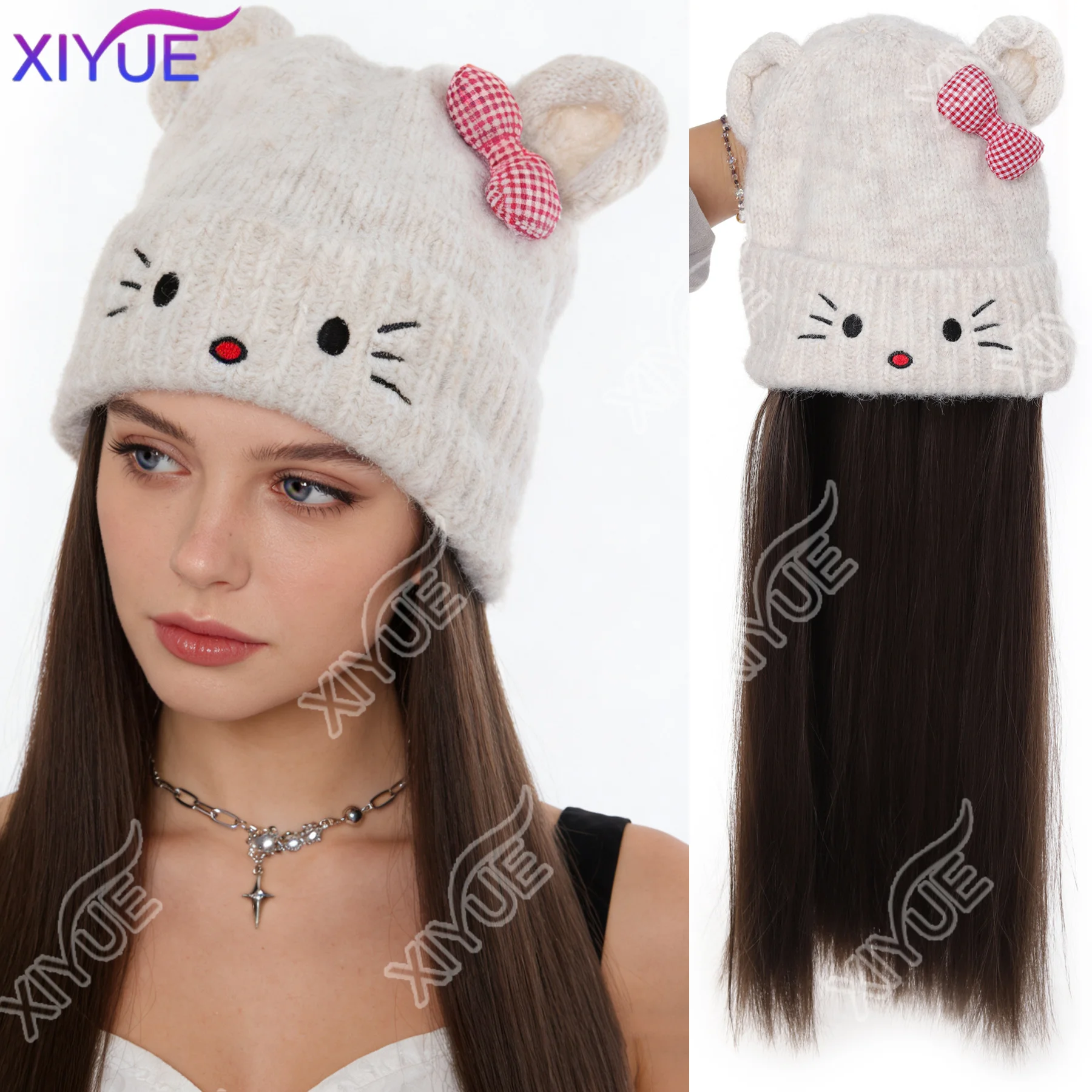 XIYUE Synthetic Long straight hair Cat Ear Lovely Bow Style Winter Knitted Hats Wig Hair Extension heat-resistant For womendaily