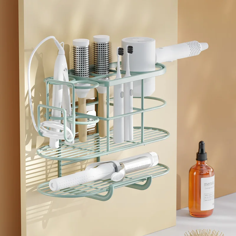 Integrated Storage Rack for Curling Iron and Hair Dryer Toothbrush Cosmetics No Punching Wall Hanging Rack Bathroom Accessories