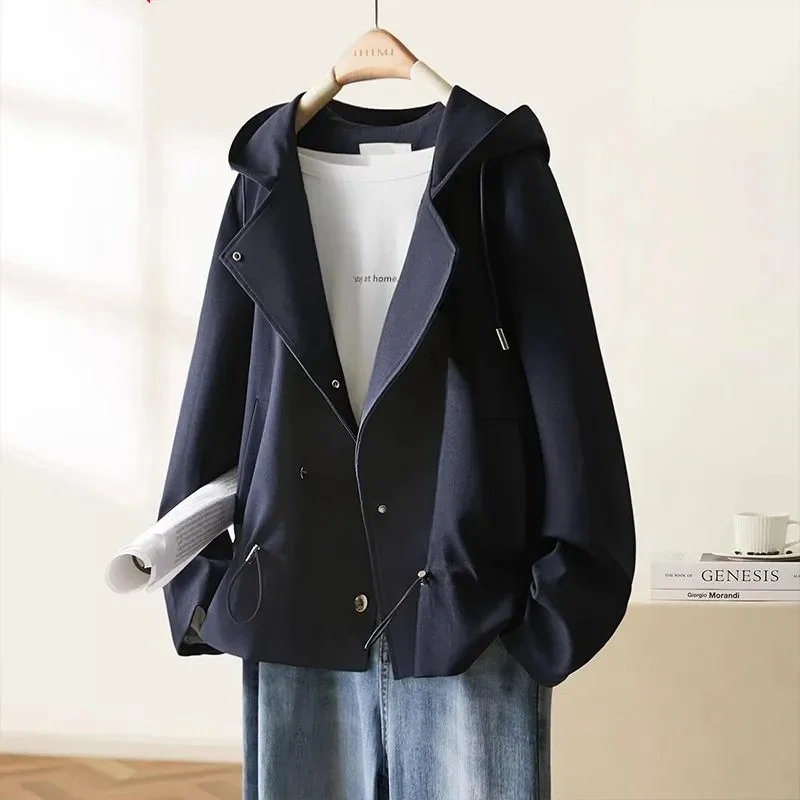 Hooded Short Windbreaker Coat Ladies 2025 Spring Autumn New Jacket Female Loose Design Sense Outerwear Niche Overcoat Women Tops