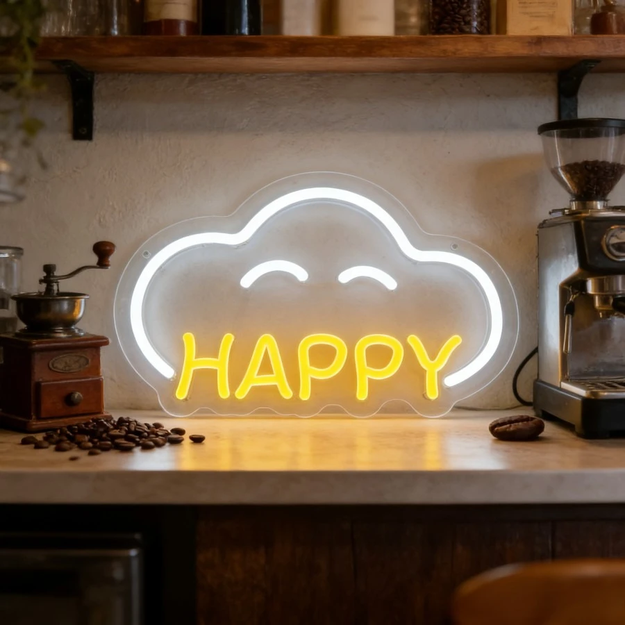 

Светодиодная неоновая вывеска Happy Cloud Face для домашнего декора: спальни, гостиной, кафе, бара. Создает уютную и веселую атмосферу. Настенный светильник-картина. Подарок.