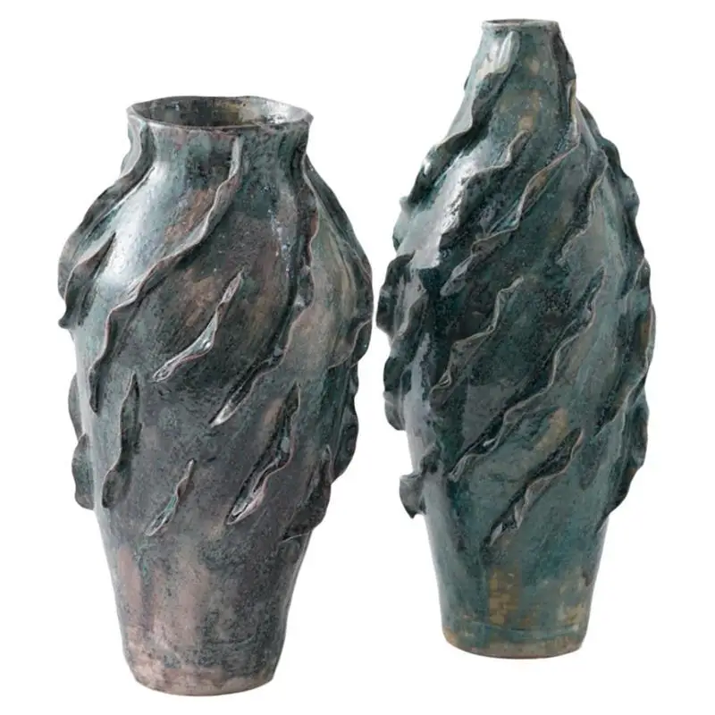 Wabi medieval style hand-painted ink blue-green pinch pleated art ceramic vase ornament hotel villa porch flower ware