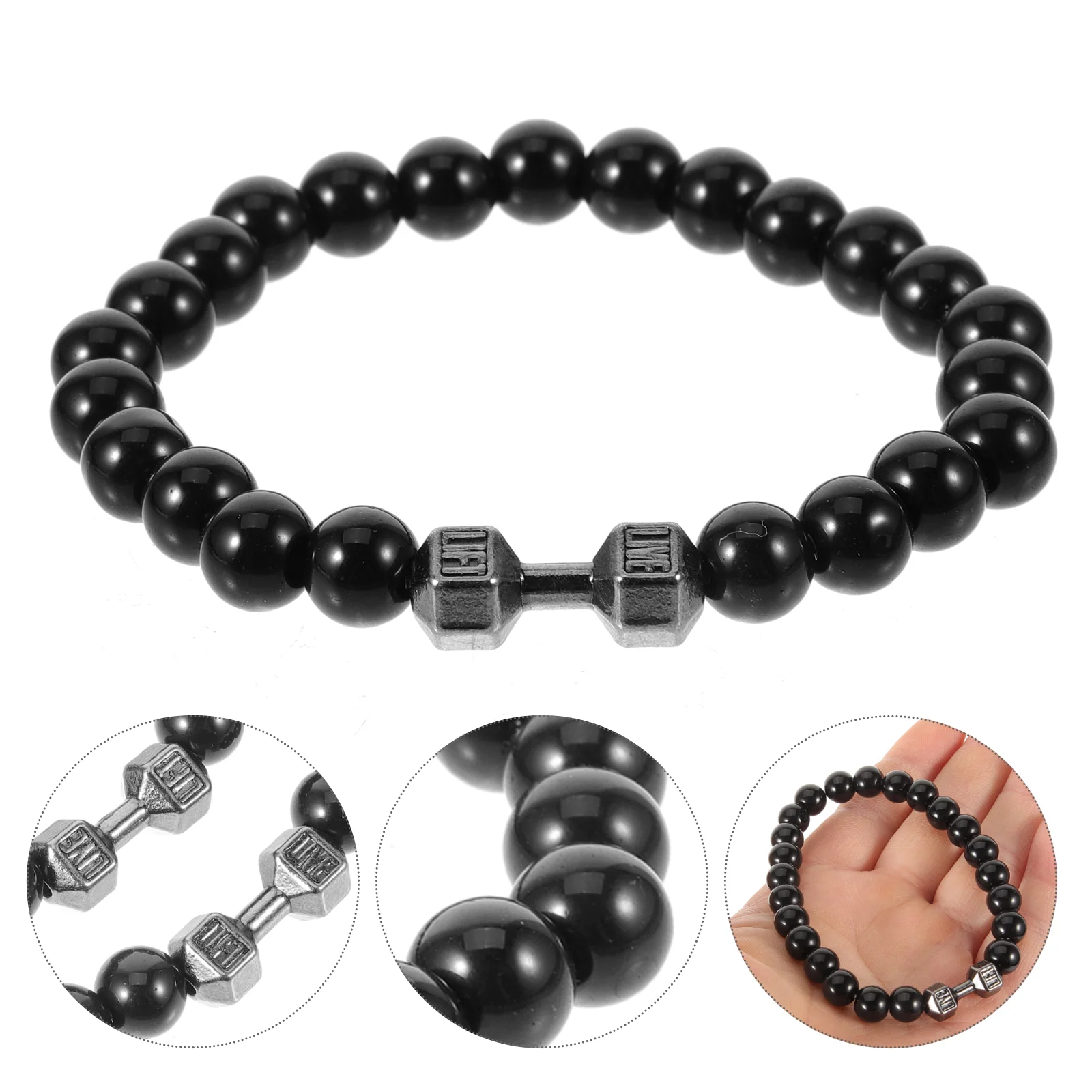 2 Pcs Dumbbell Hand Beaded Bracelets Pieces 1 Set (bright Black) Weighted for Men Stone Alloy Man