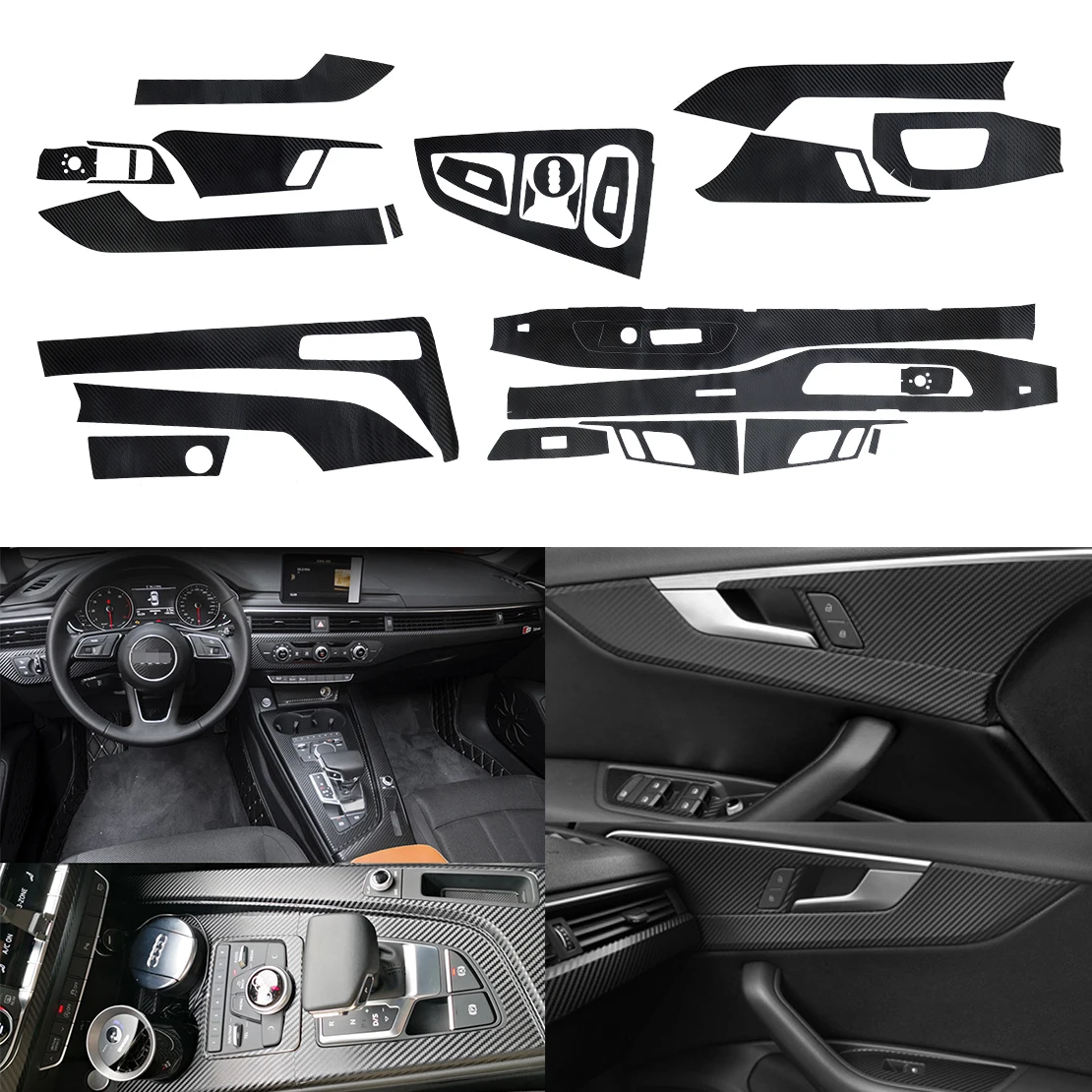 3D Carbon Fiber Style Interior DIY Trim Decal Center Console Gear Panel Door Handle Kit LHD Fit for Audi A4 A5 B9 2017 2018 2019