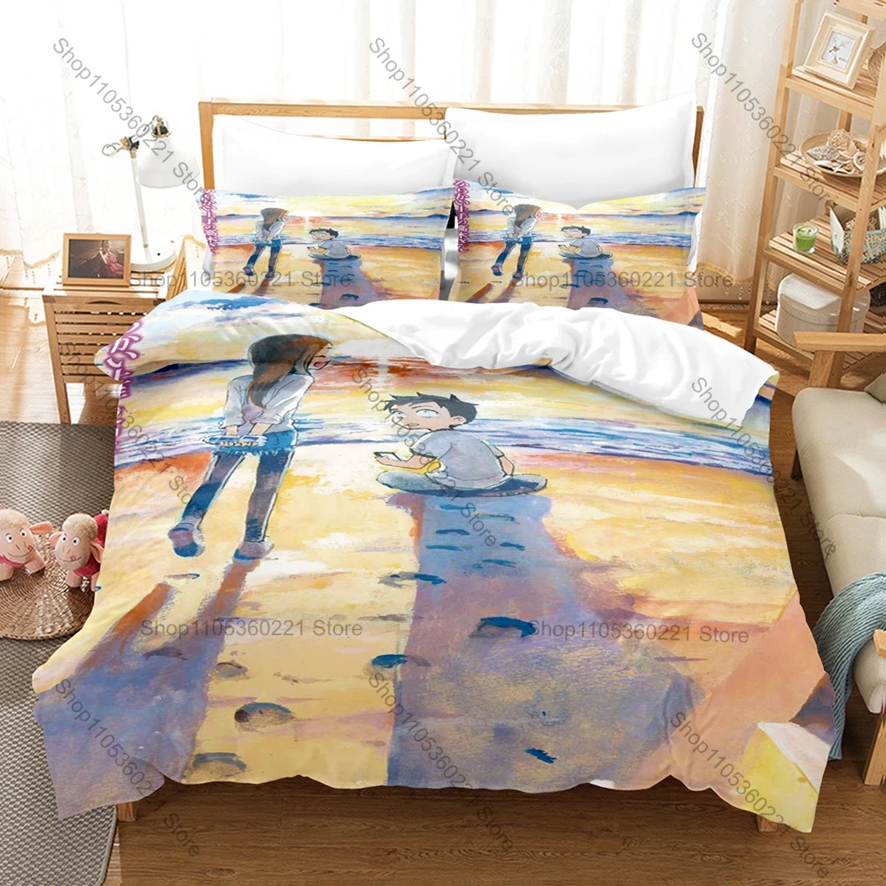 Cool Teasing Master Takagi-san 3PCS Bedding Set Cute Anime Girl Print Soft Microfiber Duvet Cover Pillowcase Bedroom Decor