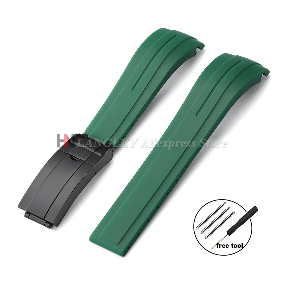 Curved Rubber Watch Bracelet 20mm 21mm 22mm for Rolex Green Water Ghost for Oysterflex Waterproof Silicone Folding Buckle Straps image 3