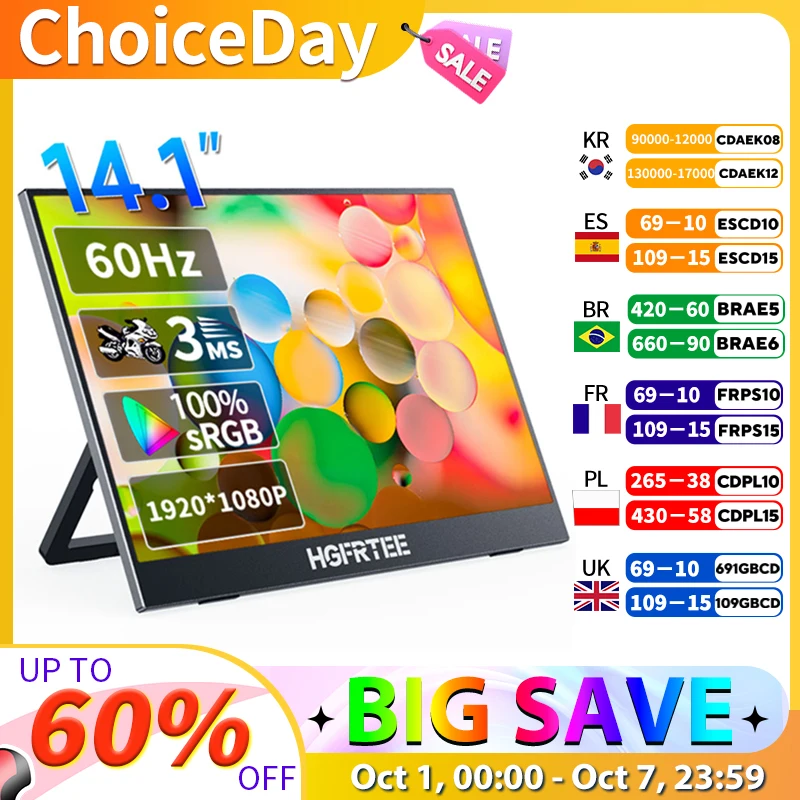 

14,1-дюймовый портативный монитор 1080P IPS 100% SRGB игровой портативный экран с подставкой для ноутбука PS5/4 переключатель Xbox Raspberry Pi