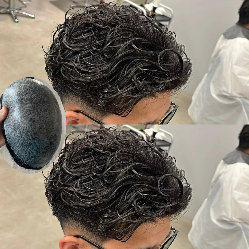 Men Toupee Long Last 0.1mm Injection Full PU Base Cold Brown Men's Capillary Prosthesis Real Human Hair Wig Natural Hairpieces