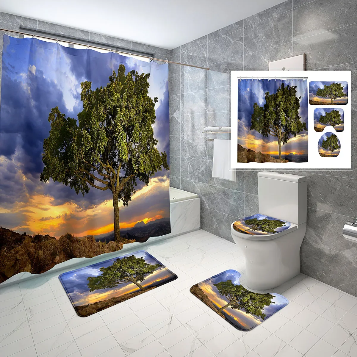 

4 Piece Trees Shower Curtain Sets Simple Sunrise Clouds with Non-Slip Rugs Toilet Lid Cover and Waterproof Shower Curtain Set