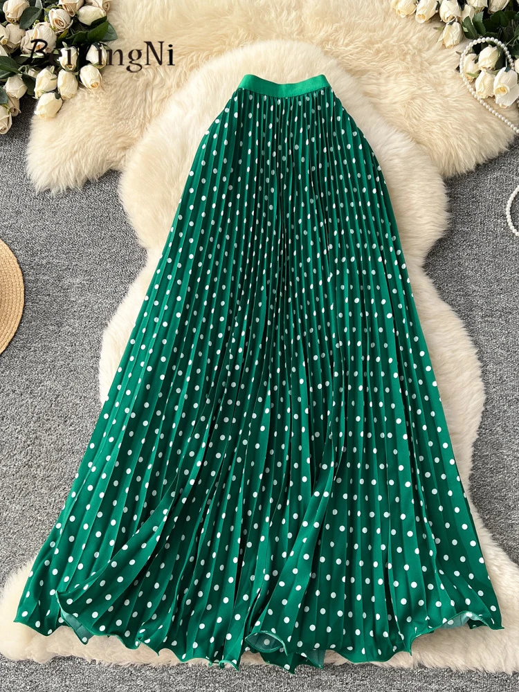 Beiyingni 2026 New Style Women's Long Pleated Skirt Dots Printed Elegant Vintage Leisure Korean A-line Maxi Skirts Temperament