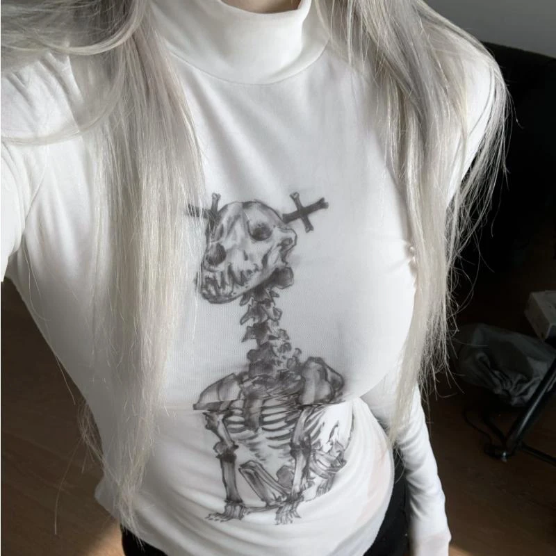 

Skull Gothic slim Turtleneck sweetheart y2k 90s gothic t-shirt Sweet girl Aesthetic vintage Crop top Harajuku Punk Lady Sexy Tee