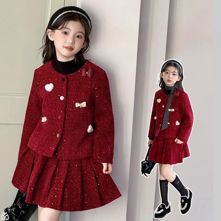 winter French chic teen girl skirts clothes set red thick cotton jacket+pleated skirt 2p junior kid Christmas suit child outfits