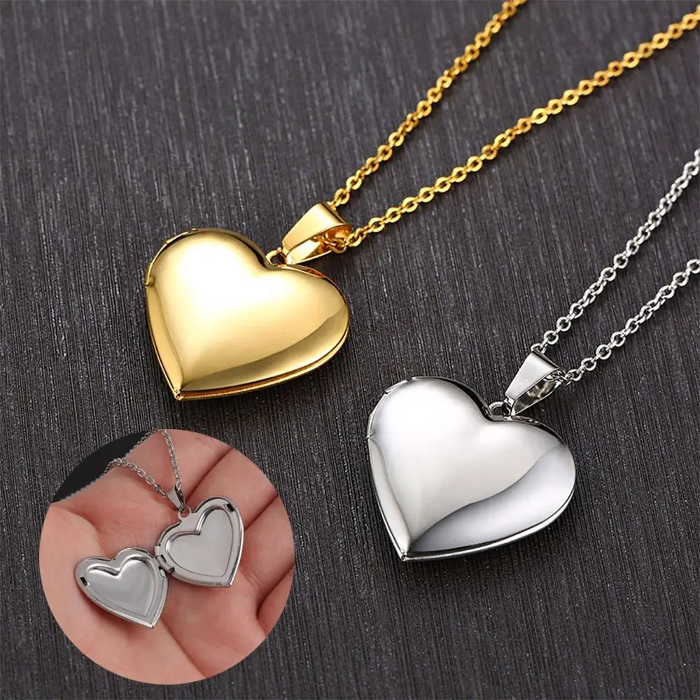 Heart Shaped DIY Photo Frame Pendant Necklace for Women Mirror Polish Stainless Steel Locket Pendant Necklace Family Lover