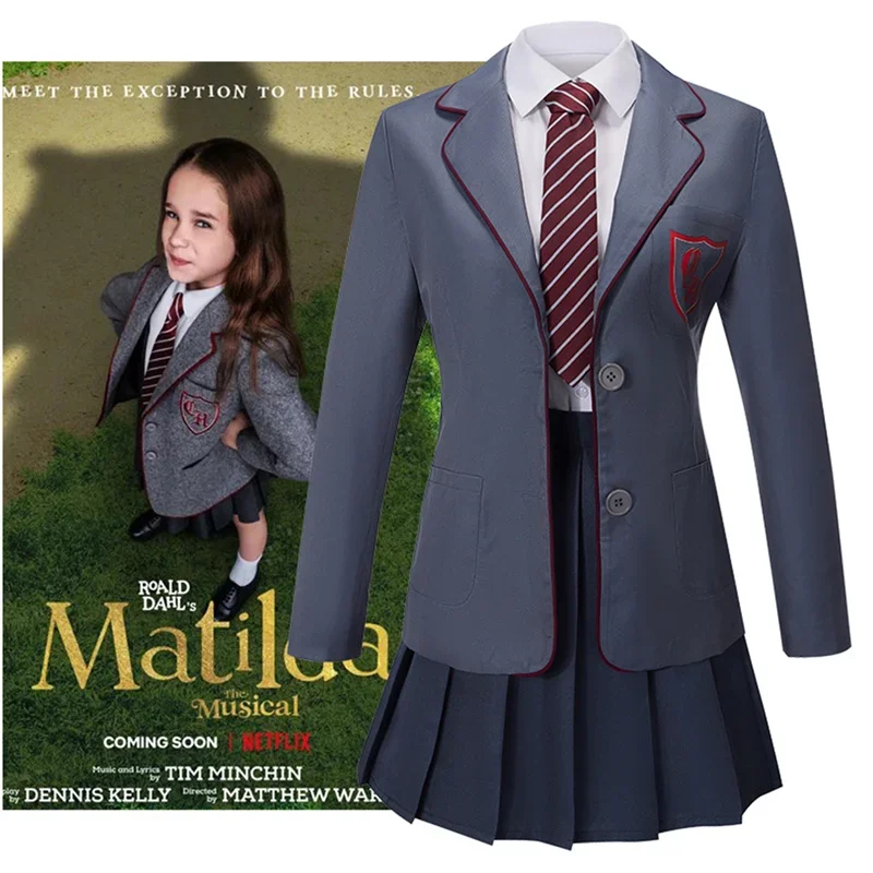 

Movie Roald Dahl Matilda the Musical Grey School Uniform Cosplay Costume Boys Girls JK Uniform Shirt Tie Halloween Carnival Suit