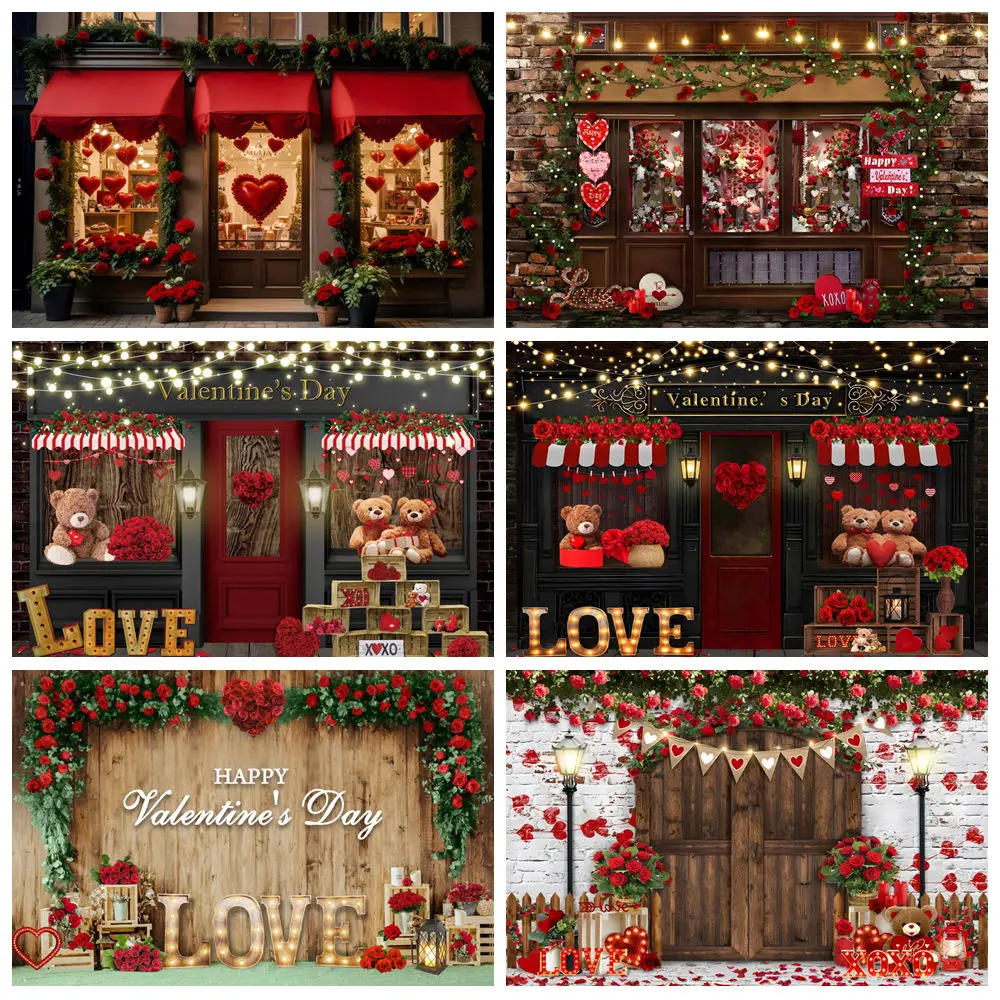 

February 14 Valentine's Day Photography Backdrops Flower Shop Red Love Heart Wedding Party Background Decor Photo Studio Props