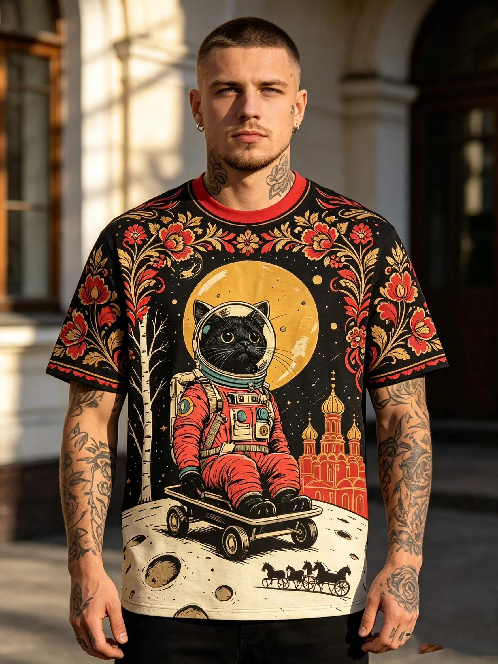 Men's Black Cat Astronaut Color Block Art Print Short Sleeve T-Shirt Fashion Daily T Shirt Casual Crew Neck Tops Summer Clothing