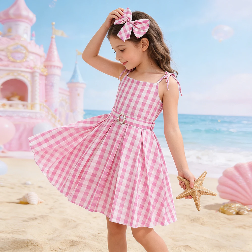 Mädchen Rosa Prinzessin Cosplay Kostüme Strand Sommer Plaid Kleid für Geburtstag Karneval Outfits Kinder Kleidung Mädchen Party Kleider