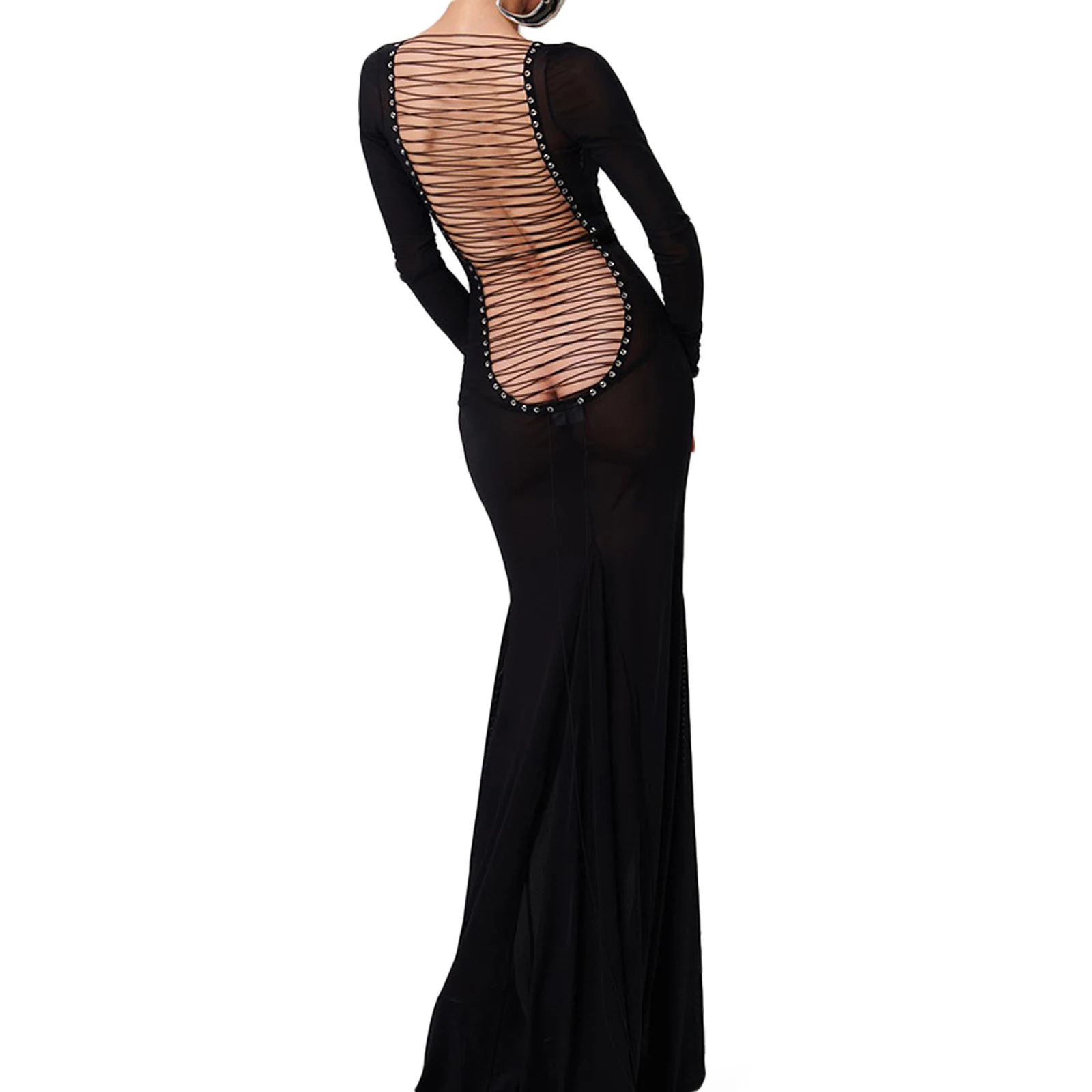 Women's Long Bodycon Dress Solid Color See-Through Mesh Sheer Dress Long Sleeve Cross Tie-Up Backless Evening Party Dress