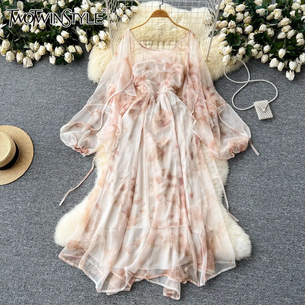 

TWOTWINSTYLE Elegant Loose Printing Dresses For Women Round Neck Long Sleeve High Waist Sweet Dress Female Fashion New KDR540679