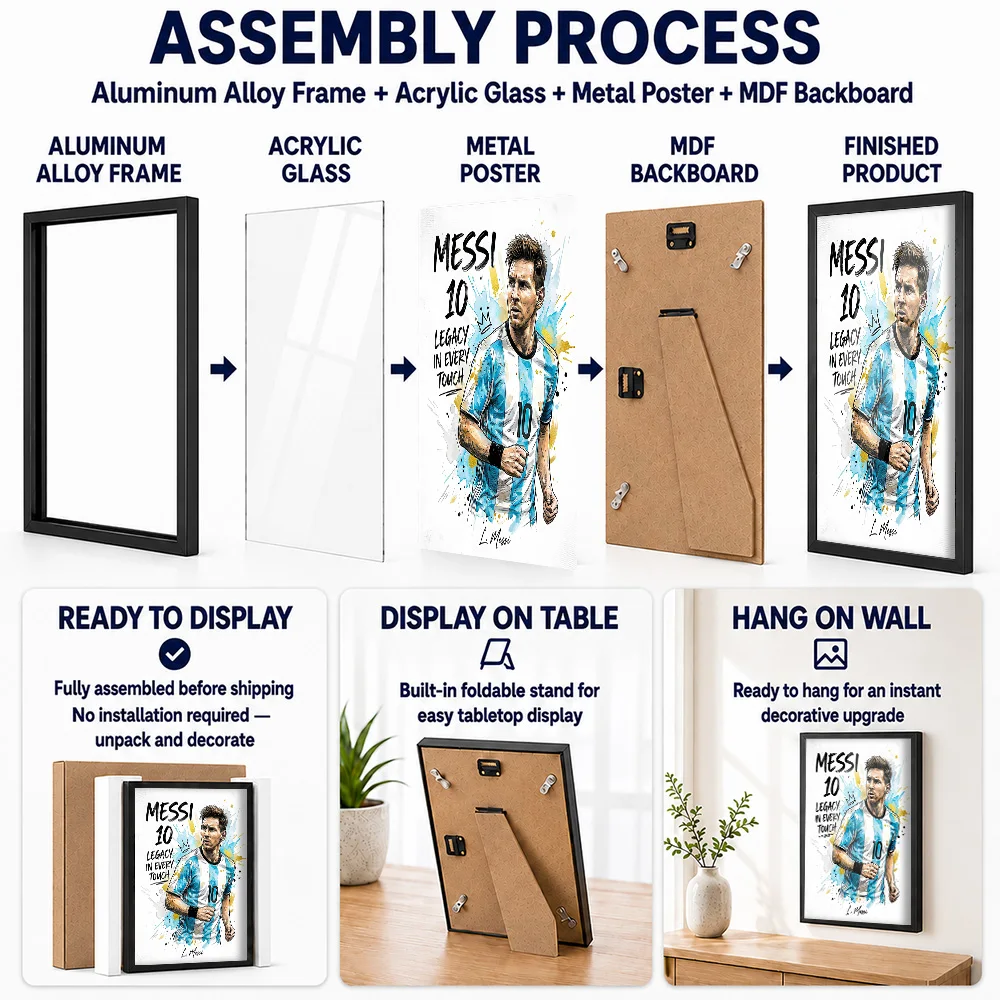 Lionel Messi 'Legacy In Every Touch' Framed Aluminum Metal Poster Personalized Illustrated Wall Art For Sports Memorabilia Room