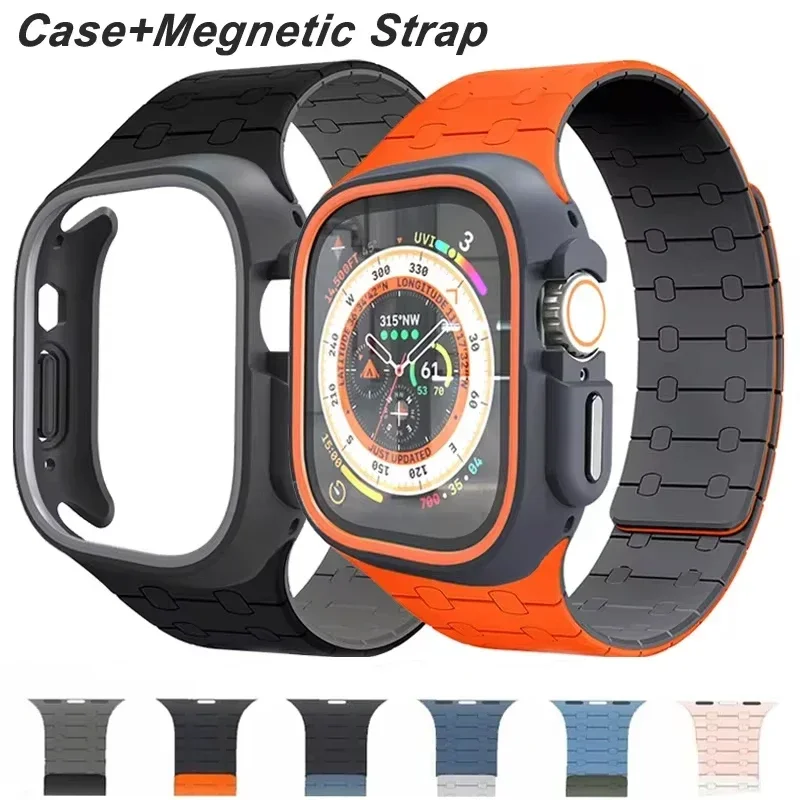 

TPU Case+Silicone Strap for Apple Watch Band Ultra 2 49mm 45mm 44mm 41mm Protective Case Bracelet for Iwatch Series 9 8 7 6 5 4
