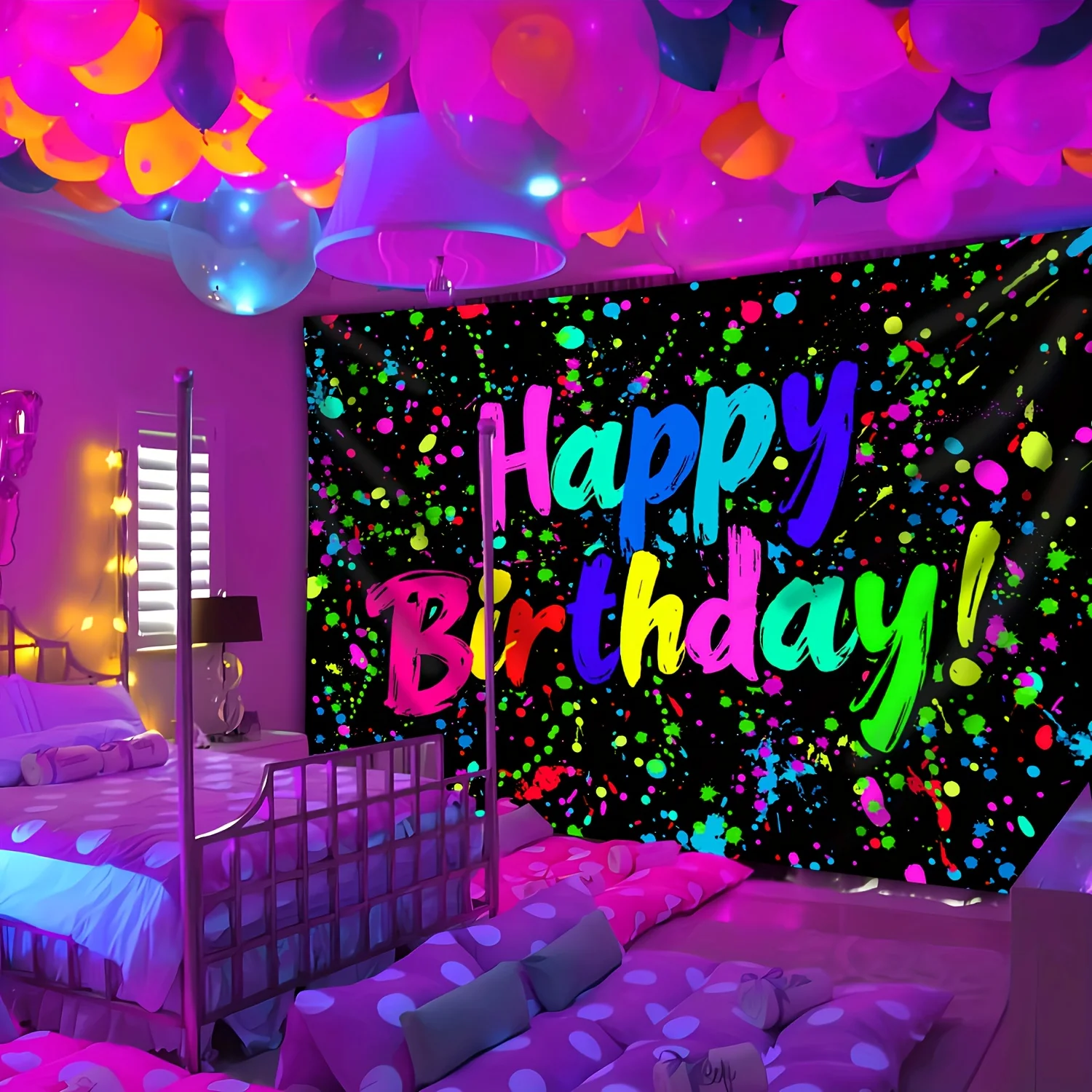 

VIKAMA Birthday Splatter-Paint Alphabet Tapestry Bedroom Party Birthday Backdrop Themed Room Decor