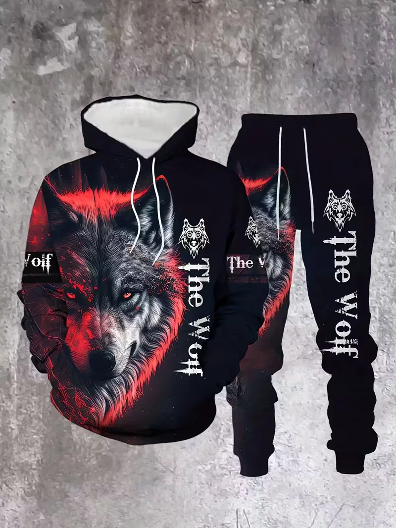 Men's 3D Wild Wolf Print Hoodies Pants 2-Piece Casual Hooded Sweatshirt Joggers Set Outdoor Athletic Hoodie Set Tracksuit Outfit