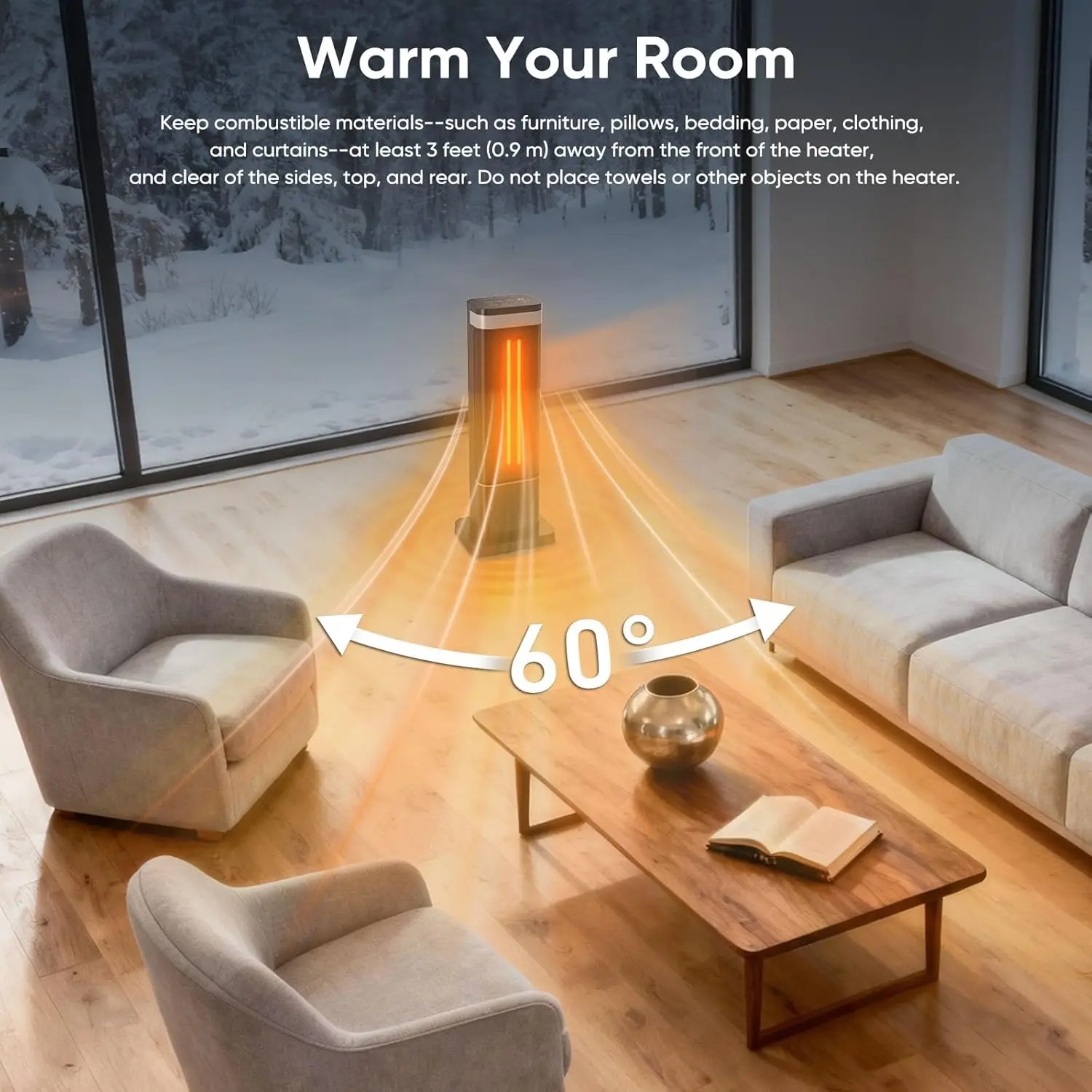 24in Portable Space Heater, 3 Light Colors, Remote Control, Adjustable Thermostat, Tip-over Protection, 60° Oscillation