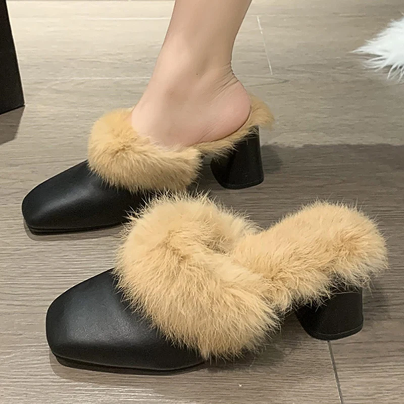 Winter Women Fur Shoes Elegant Fashion Closed Toe Mules 5cm High Heel Height Shoes Lady Sexy Chunky Soft Warm Slippers 35-39