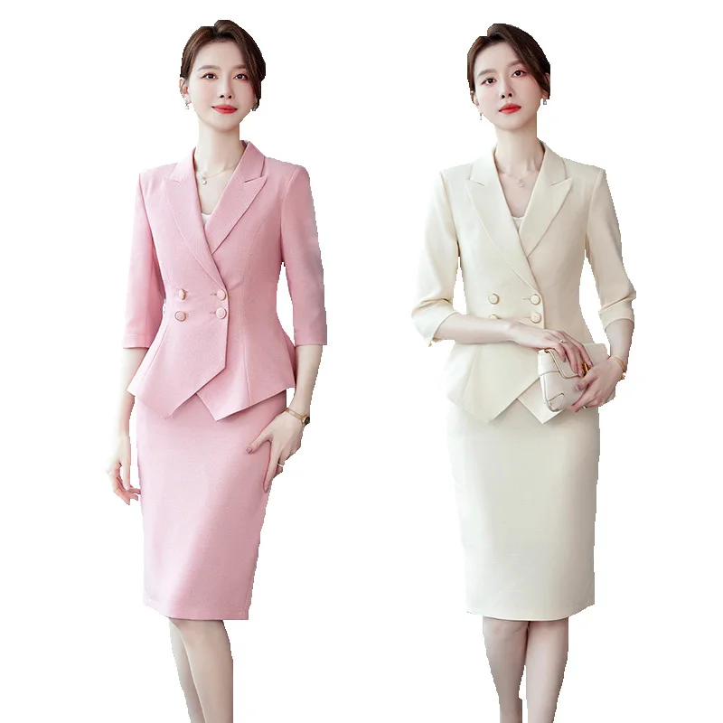 

Novelty Apricot Formal Women Business Suits with Skirt and Jacket Ladies Office Professional Half Sleeve Blazer Spring OL Styles