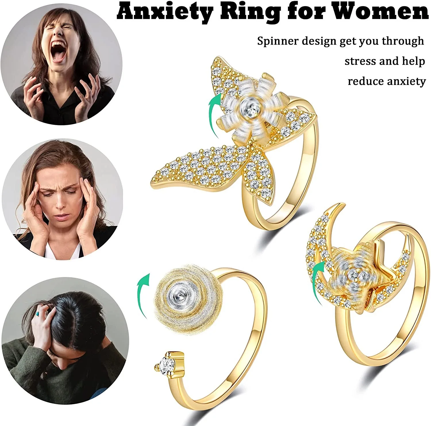 SMJEL Flower Shiny Rhinestone Rotatable Fidget Spinner Ring for Women Anti Anxiety Butterfly Animal Design Anti Stress Accessory