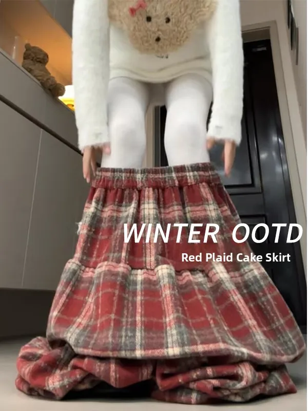 

Плюс размер клетчатая юбка-тортик женская осень-зима средней длины с высокой талией утягивающая шерстяная юбка-зонтик трапециевидной формы корейская юбка для поездок на работу