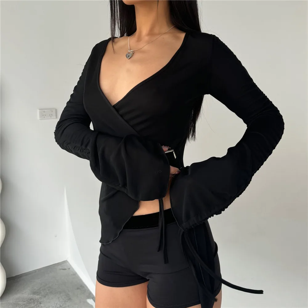 Women Long Sleeve T-shirt Solid Color V-neck Slim Basic Shirt Fall Spring Black Casual Blouse Dailywear Pullovers Tops