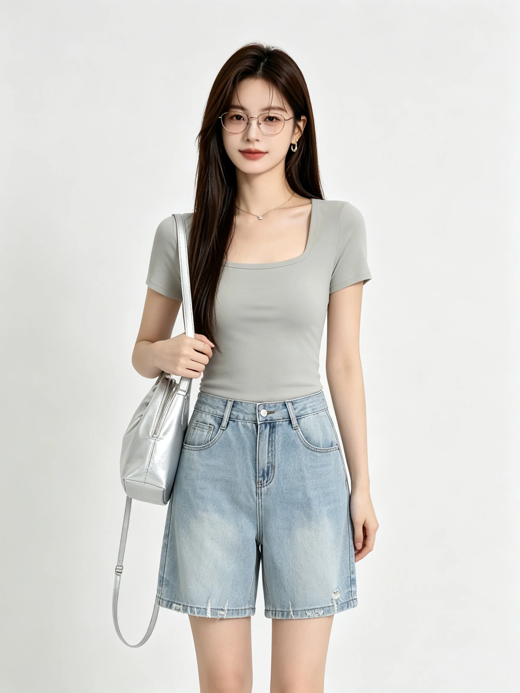 

Low Waist Light Blue Washed Retro Korean Style Denim Jeans Summer Versatile Anti-Aging Wide Leg Five-Quarter Slimming Pants