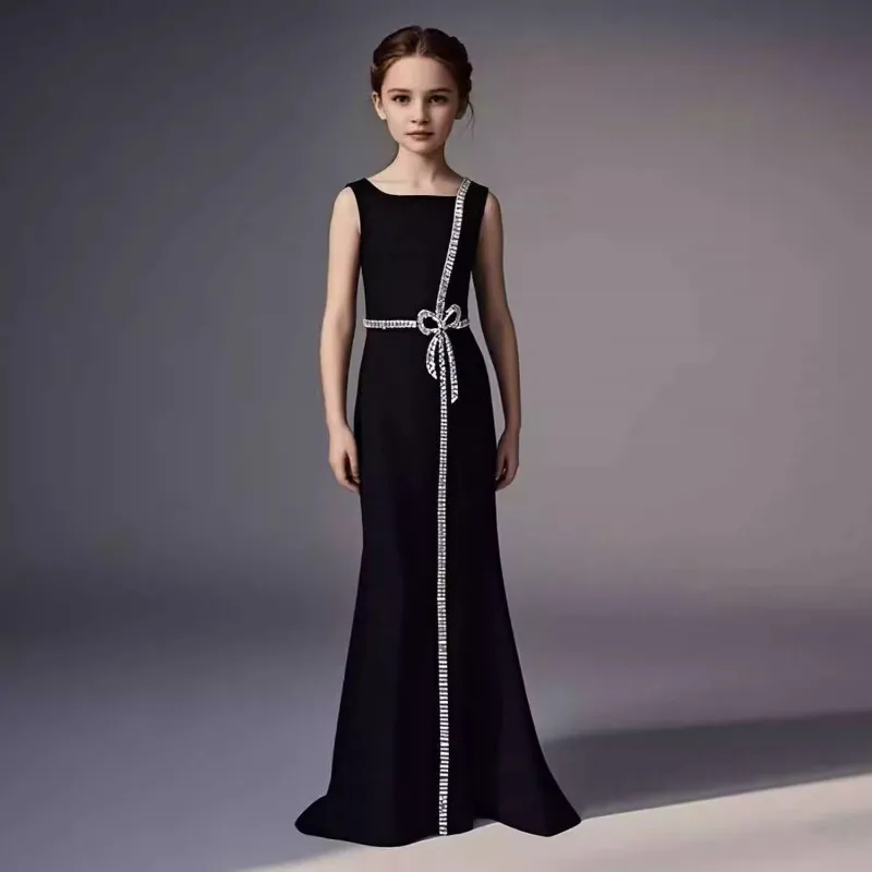 Girls Black Evening Dress Children Birthday Party Pageant Model Runway Kids Host Formal Wear Clothes Gown for Piano Performance