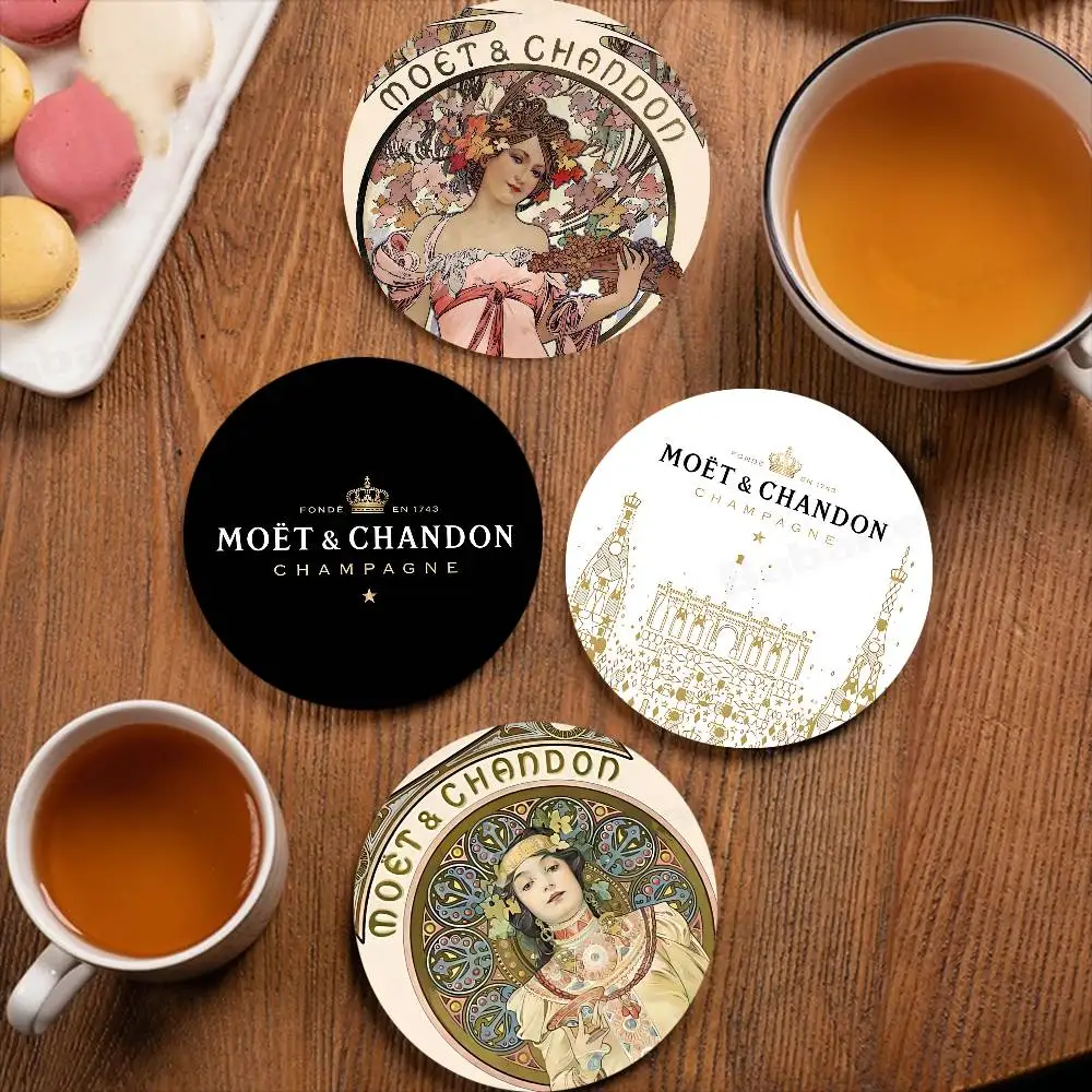 Posavasos de madera de lujo con logotipo de marca M-Moet C-Chandon, posavasos redondos coloridos, antideslizantes, aislantes del calor, accesorios para el hogar