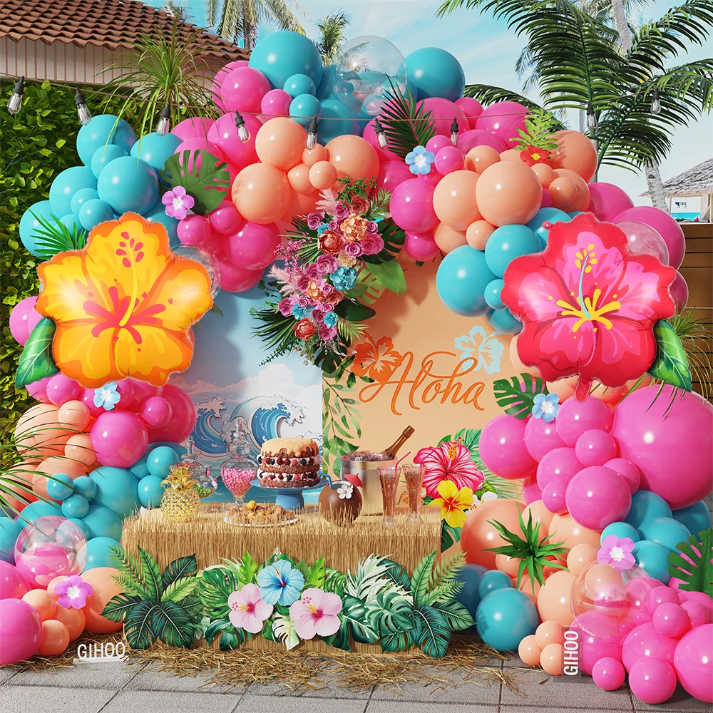 

Hot Pink Aqua Blue Summer Tropical Balloons Garland Kit Hibiscus Foil Balloon Birthday Baby Shower Luau Aloha Hawaii Party Decor