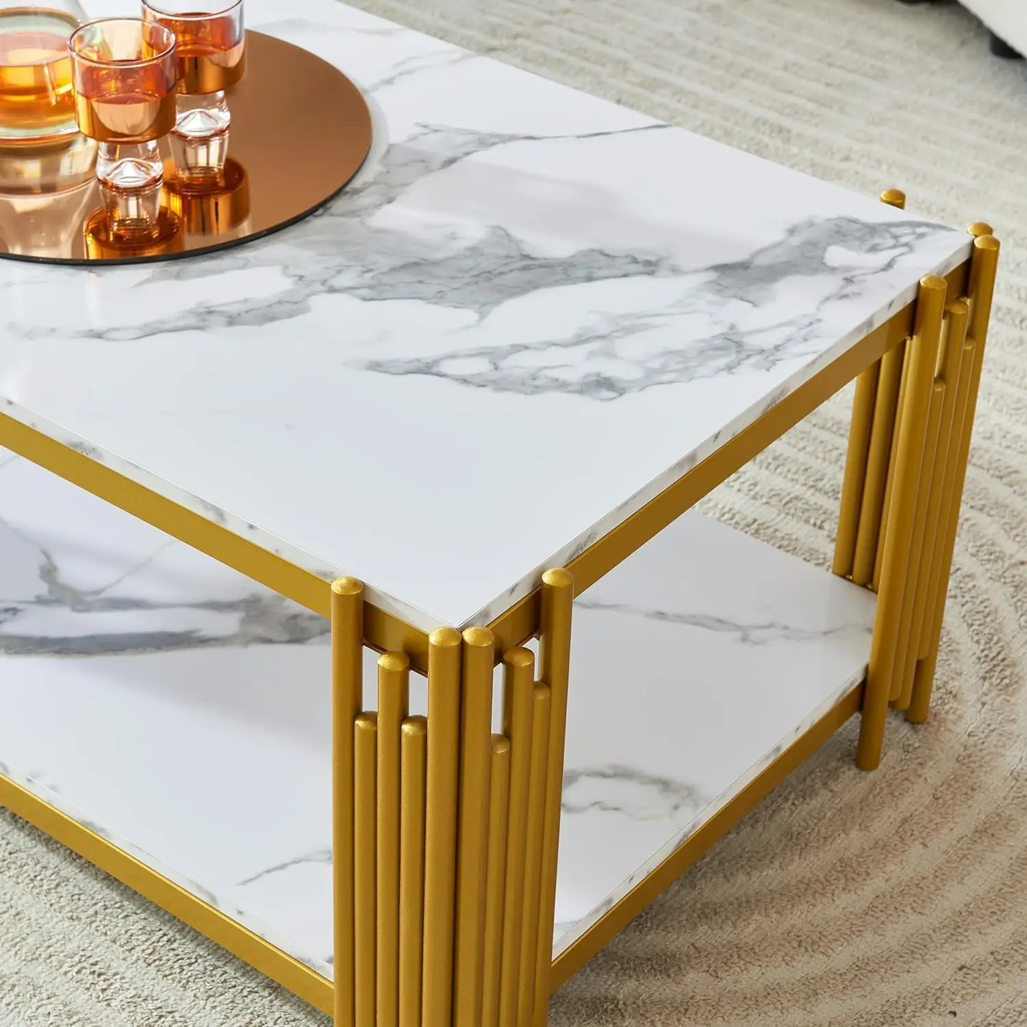 47 Inch White Marble Coffee Table With Gold Chrome Metal Base, 2-Tier Rectangle Faux Marble Center Table Coffee Cocktail Table,