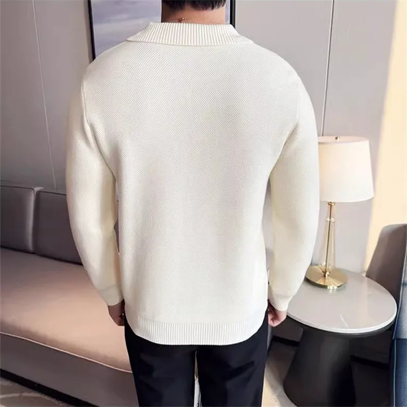 High Quality Autumn Winter Men's Knit Polo Shirts Thick Solid Color Turn Down Collar Knitted Polos Men Smart Casual Tees Tops