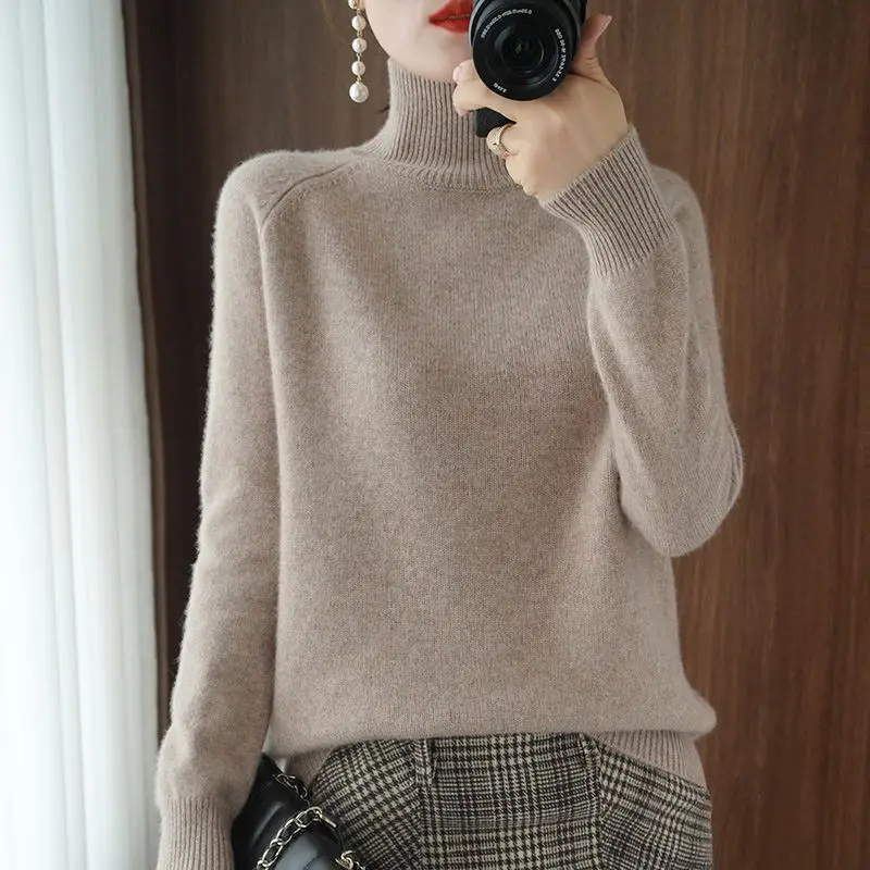 Thickened High Collar Long Sleeve Knitted Sweater Women's Loose Fit  Color Crew Neck Winter Top Korean Style Knitwear