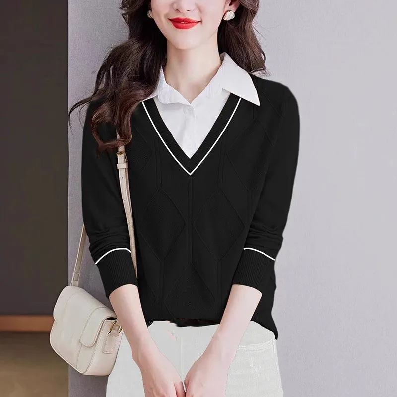 2024 New Spring Fake Two Pieces Knitwear Women\'s Sweater Fashion Shirt Collar Knitted Pullover Tops Casual Female Jumper Full