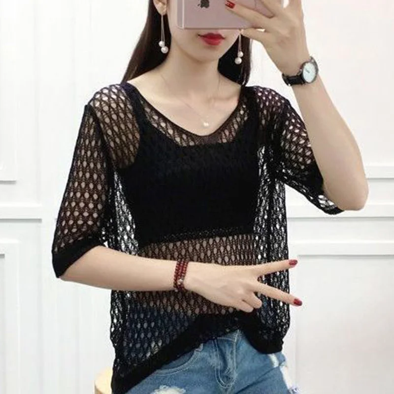 Fashion V-Neck Knitted Solid Color Hollow Out Blouse Women\'s Clothing 2023 Summer New Casual Pullovers Tops Loose Commute Shirt