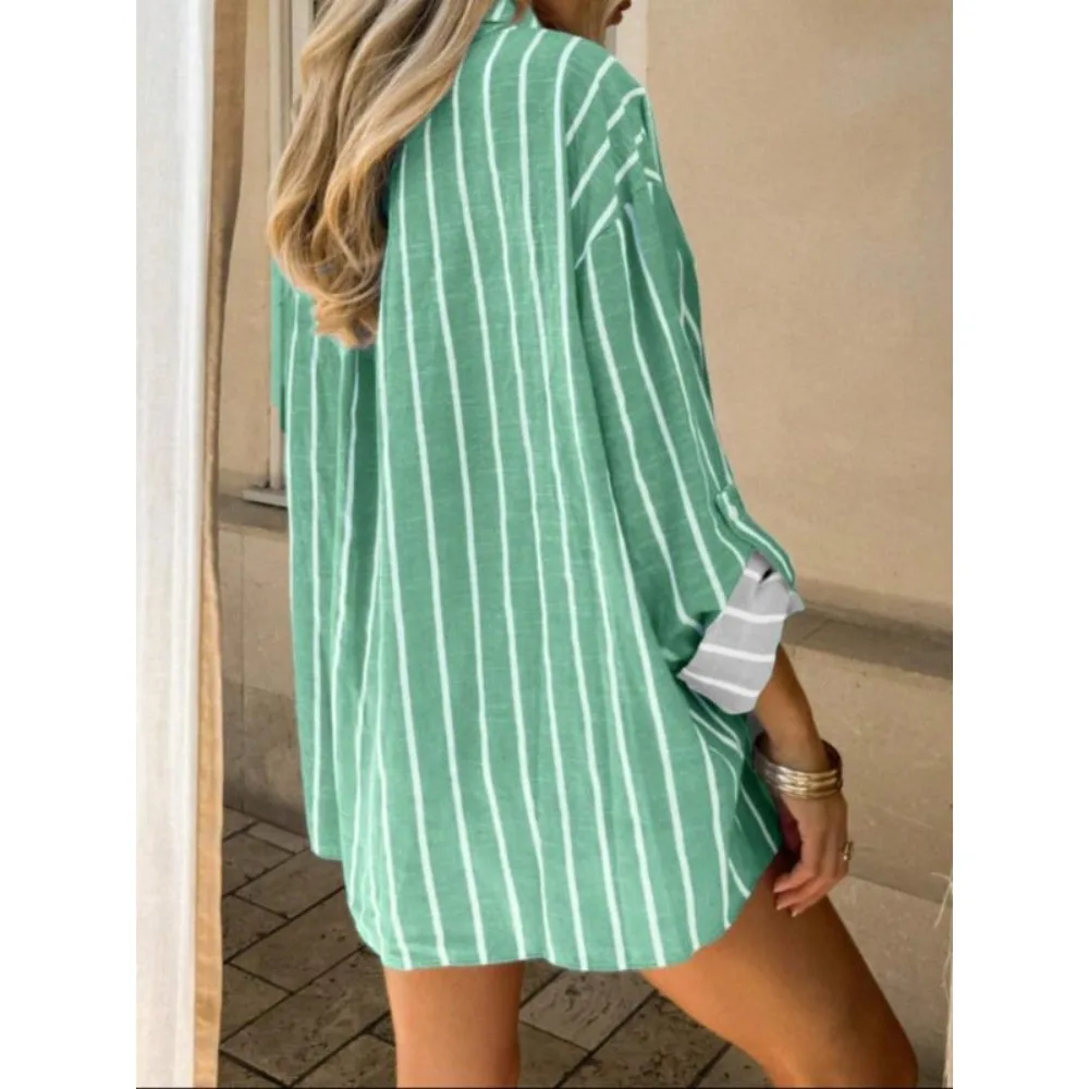 Plus Size 1XL-5XL New Spring Autumn Women's Striped Blouse Shirts Ladies Casual Long Sleeved Lapel Tops Shirt