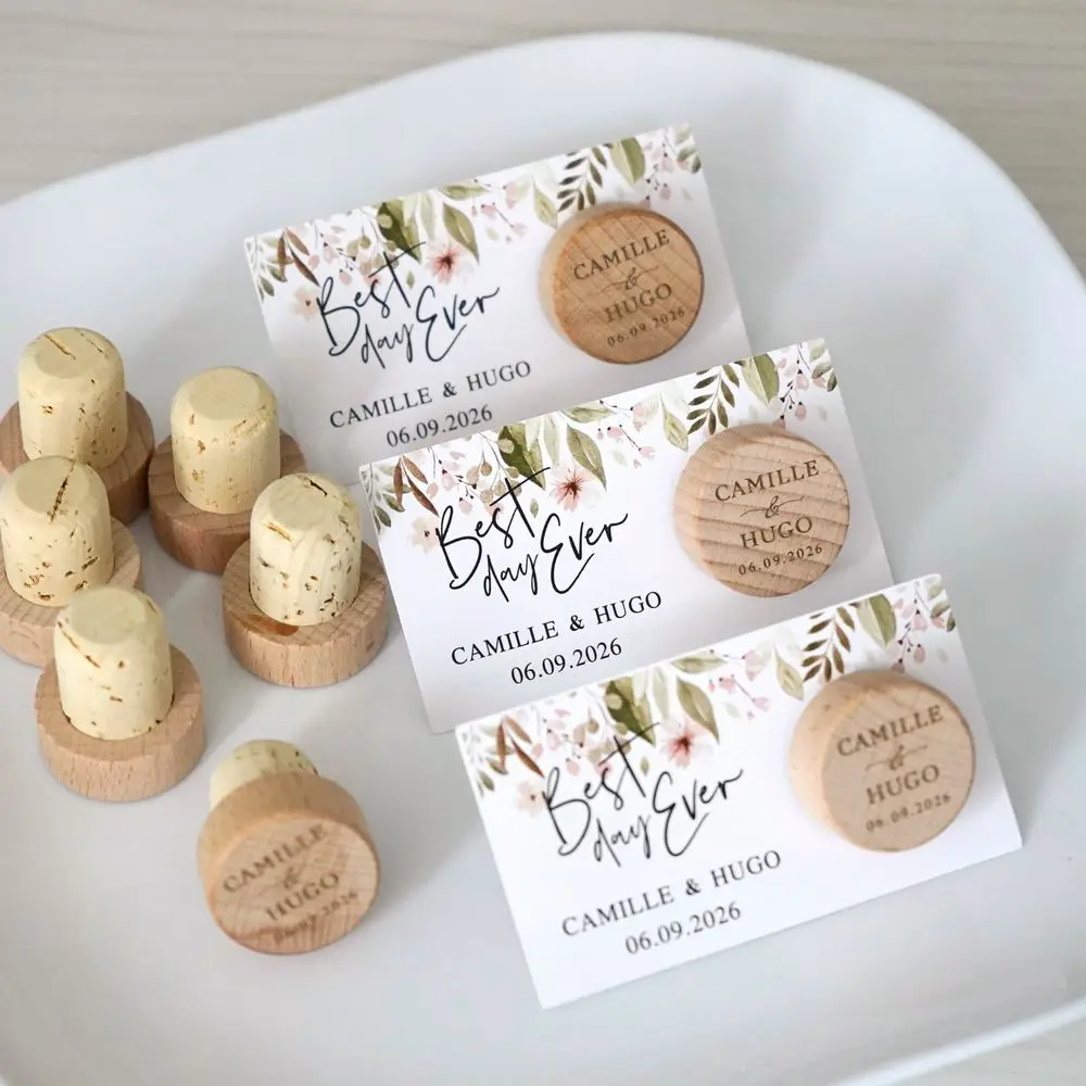 Kit Personalizado de 10-50 Rolhas de Vinho para Casamento com Suporte, Cartões e Tampa de Madeira Gravada, Cartão de Agradecimento, Decoração de Festa, Lembrancinhas para Convidados em Atacado