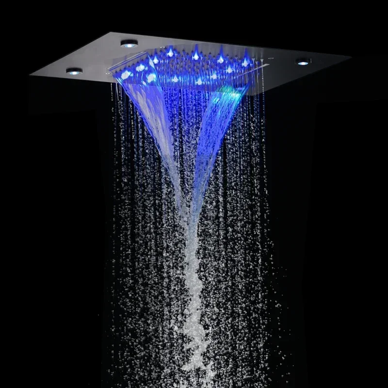 Solid and sturdy Skyline style waterfall shower with large showerhead embedded in wall style concealed ceiling, music showerhead