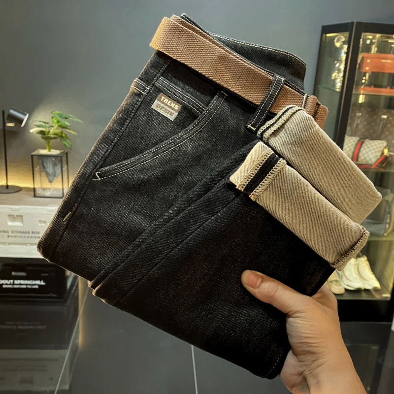 

Американские высококачественные зимние новые тонкие бархатные толстые джинсы, мужские модные брендовые облегающие повседневные эластичные длинные брюки с небольшой ногой