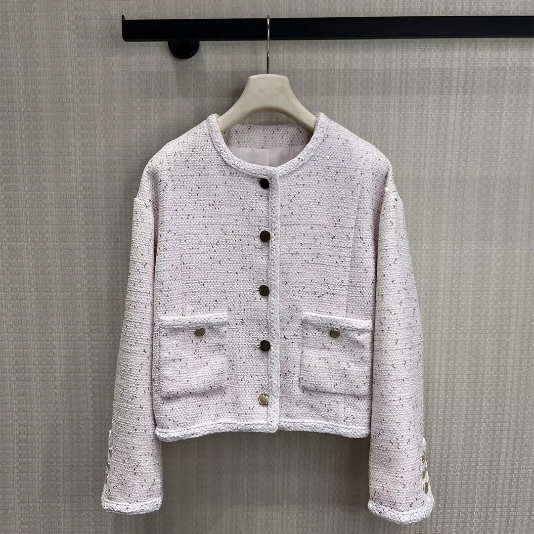 2026 New Vintage Pink Sequins Embroidery Tweed Coat Women O-neck Long Sleeve Pockets Single Breasted Sweet Loose Jacket