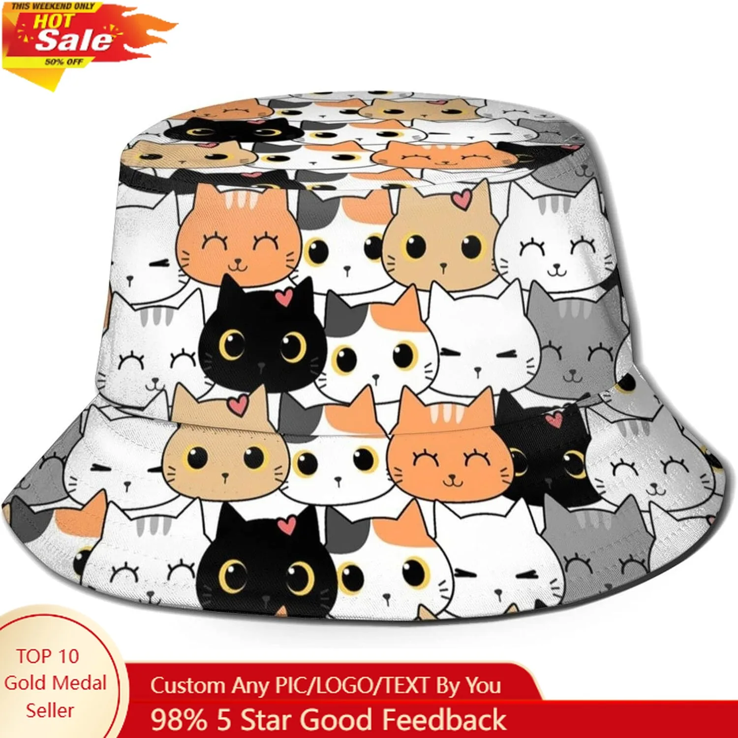

Cat Bucket Hat Fashion Print Summer Anime Fisherman Cap Outdoor Beach Sun Hat for Women Girls