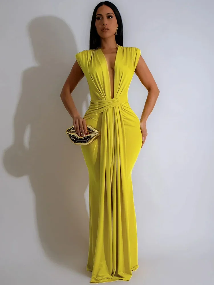 Eleganckie marszczone sukienki Maxi Bodycon dla kobiet urodziny nocna impreza wieczorowa bal głęboki dekolt w serek płaszcza Celebrity formalna długa sukienka