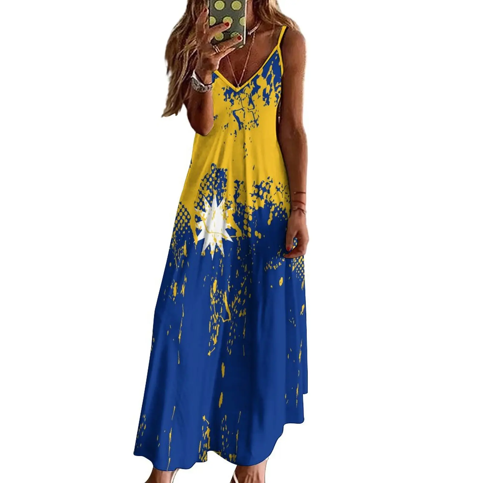 Robes longues robe Nauru drapeau imprimé nouveau décontracté sans manches femmes col en v robe imprimée balançoire robes rétro