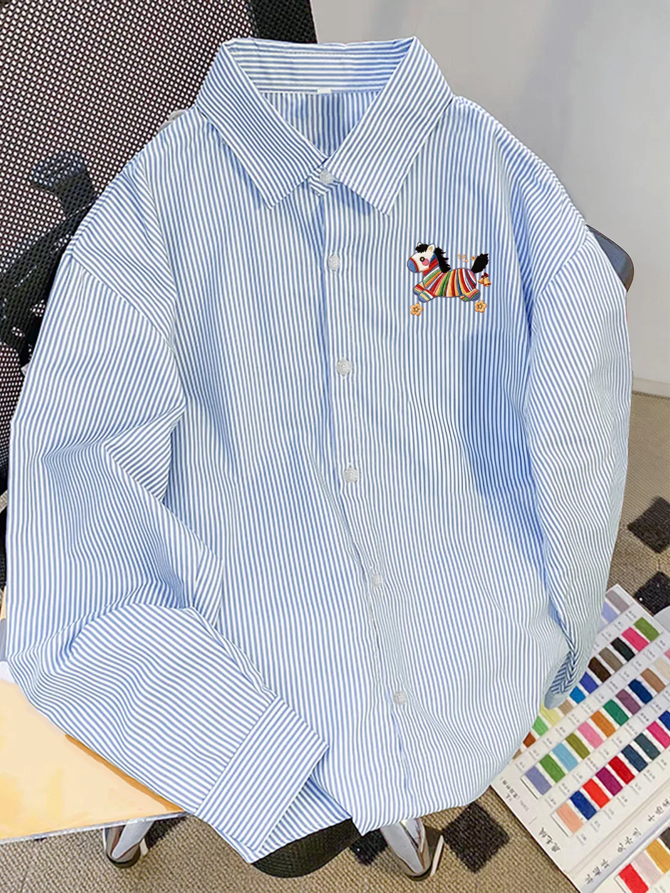 

Spring and Autumn New Trendy Men's Clothing Cartoon Fun Striped Pony Long Sleeve Fine Stripe Casual Versatile Simple Shirt